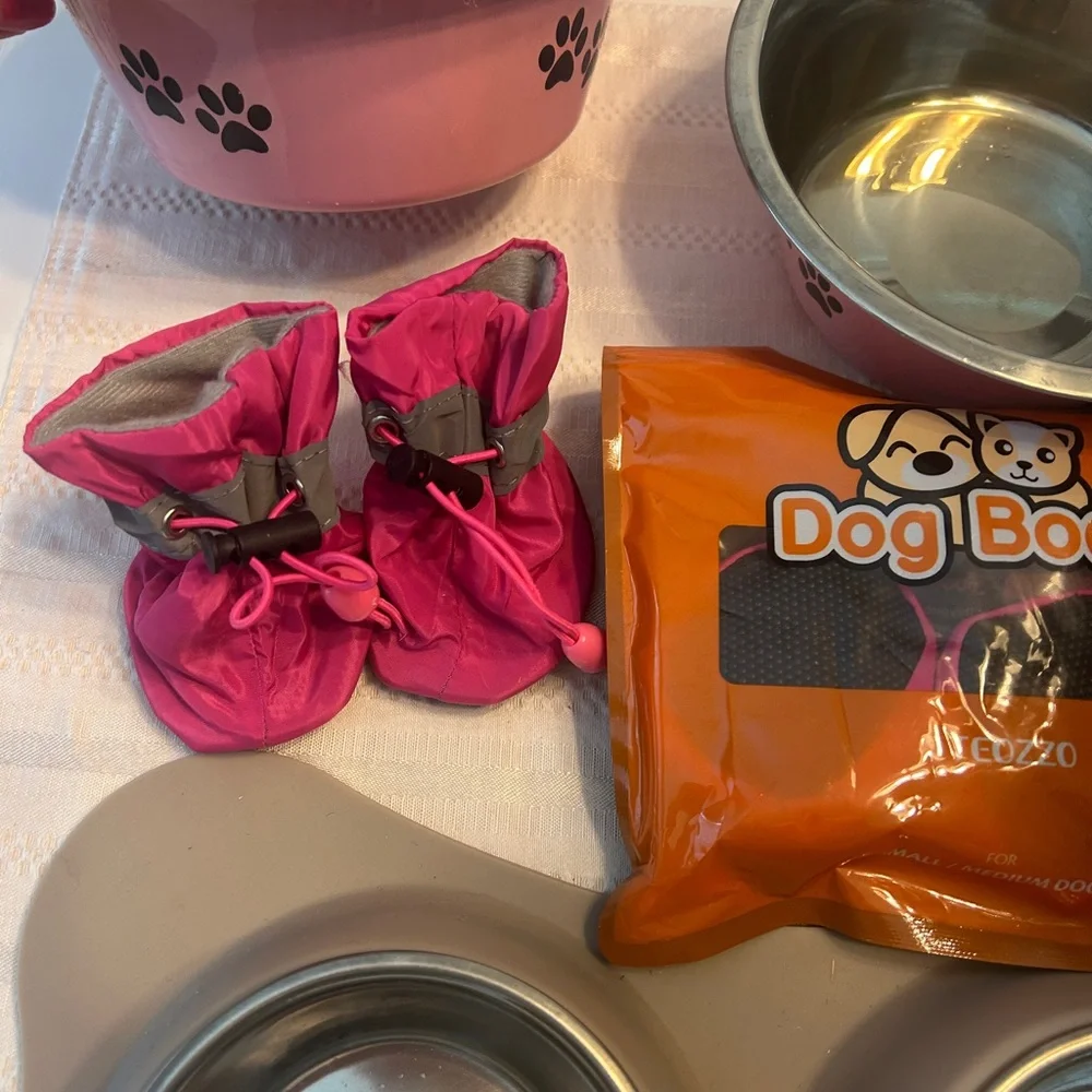 Puppy Starter Bowl Sets Rain Boots & Sweater Used Sanitized